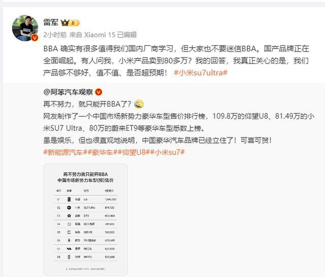 小米汽车卖到80多万，再不努力就只能开BBA？雷军回应：雷军：不要迷信BBA，国产品牌正在全面崛起